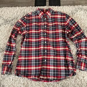 Merona Mens Tailored Fit Plaid Button Down Shirt Red Black White Long Sleeve L